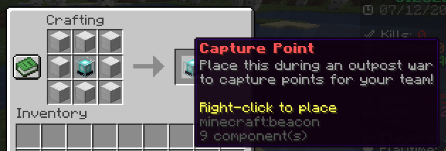 Crafting recipe showing 8 iron blocks arranged around 1 beacon to craft a capture point
