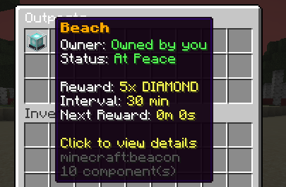Outpost menu showing Beach outpost owned by player, at peace status, reward of 5x diamond every 30 minutes