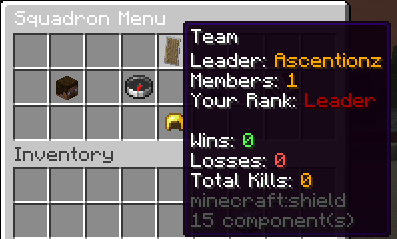 Squadron menu showing team information, leader, members, rank, wins, losses, and kills